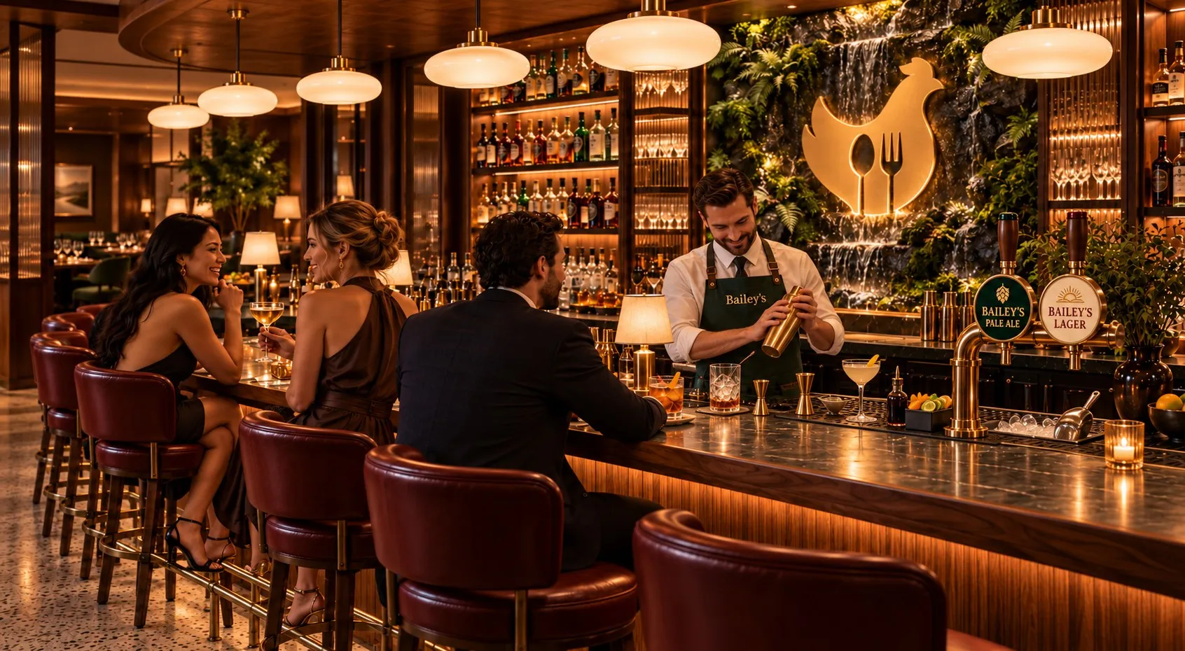 Concept art of the bar at Bailey’s: guests on oxblood leather stools at a long marble counter under milk-glass pendant lamps, a bartender in a green Bailey’s apron shaking a cocktail, a living green wall with a waterfall and a gilded White Spot chicken behind the bar, and two beer taps labelled Bailey’s Pale Ale and Bailey’s Lager