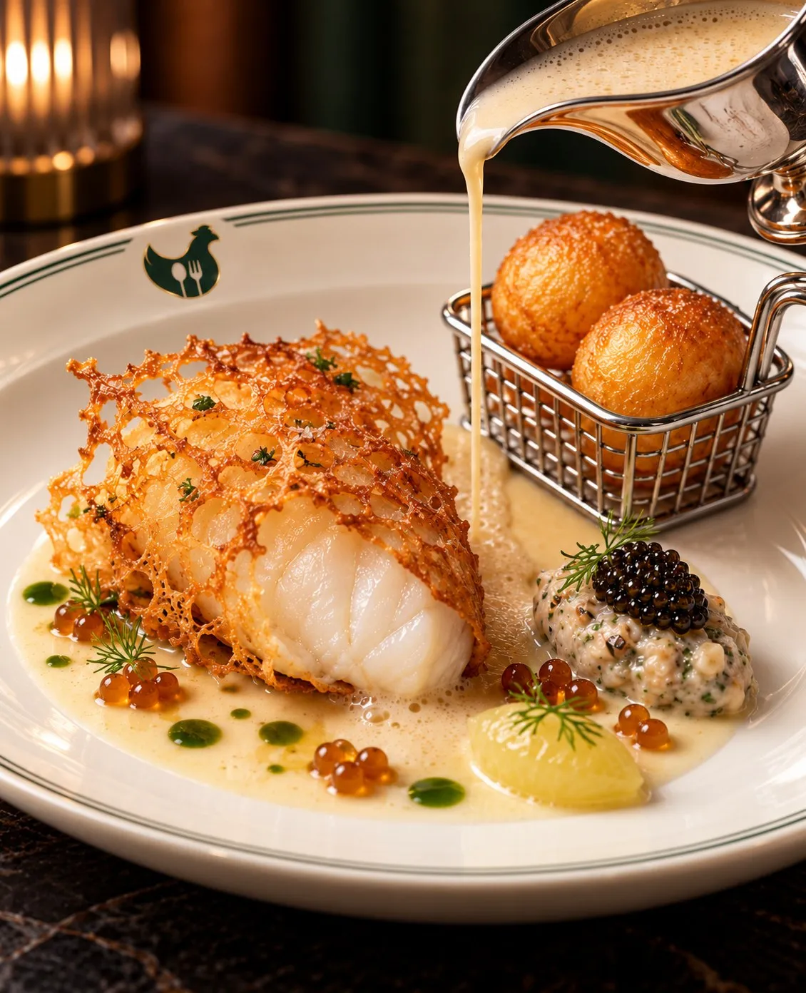 Concept art of the Bailey’s fish and chips: a fillet of halibut in a lace-thin batter on a white plate with the White Spot chicken on the rim, beurre blanc being poured from a silver sauce boat, golden potato spheres in a miniature fryer basket, tartare topped with caviar, confit lemon, trout roe and dill