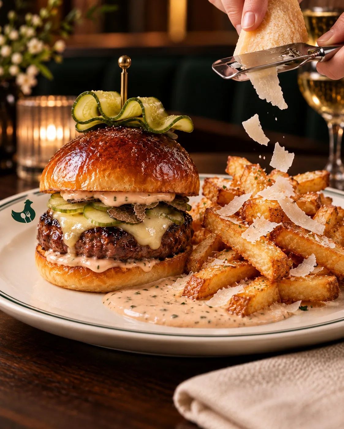 Concept art of the elevated Legendary Burger at Bailey’s: a glazed brioche bun topped with a ribbon of pickle on a brass pin, dry-aged beef, melted cheese, shaved black truffle and Triple O sauce, beside thick-cut fries being showered with parmesan from a grater, on a white plate with the White Spot chicken on the rim