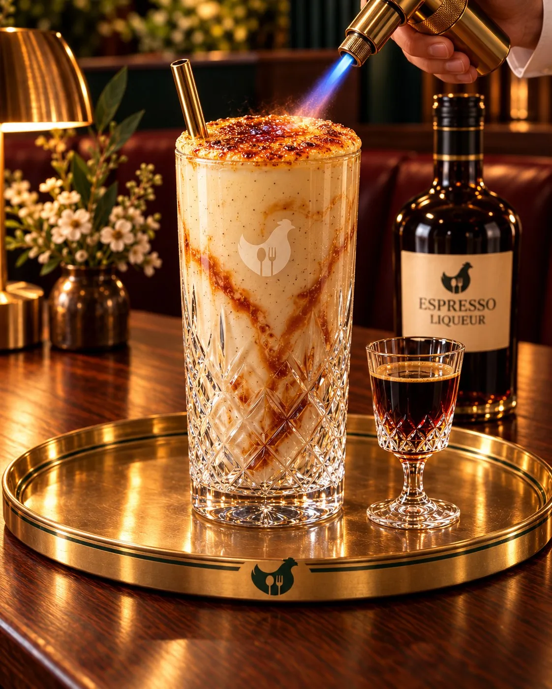 Concept art of the crème brûlée milkshake at Bailey’s: a tall cut-crystal glass with the White Spot chicken frosted on it, filled with a thick vanilla milkshake ribboned with caramel, its top torched to a brûlée crust by a brass blowtorch, a gold straw, a small stemmed glass of espresso liqueur beside it and a bottle labelled Espresso Liqueur with the chicken on the label, all on a brass tray with the chicken engraved on the rim