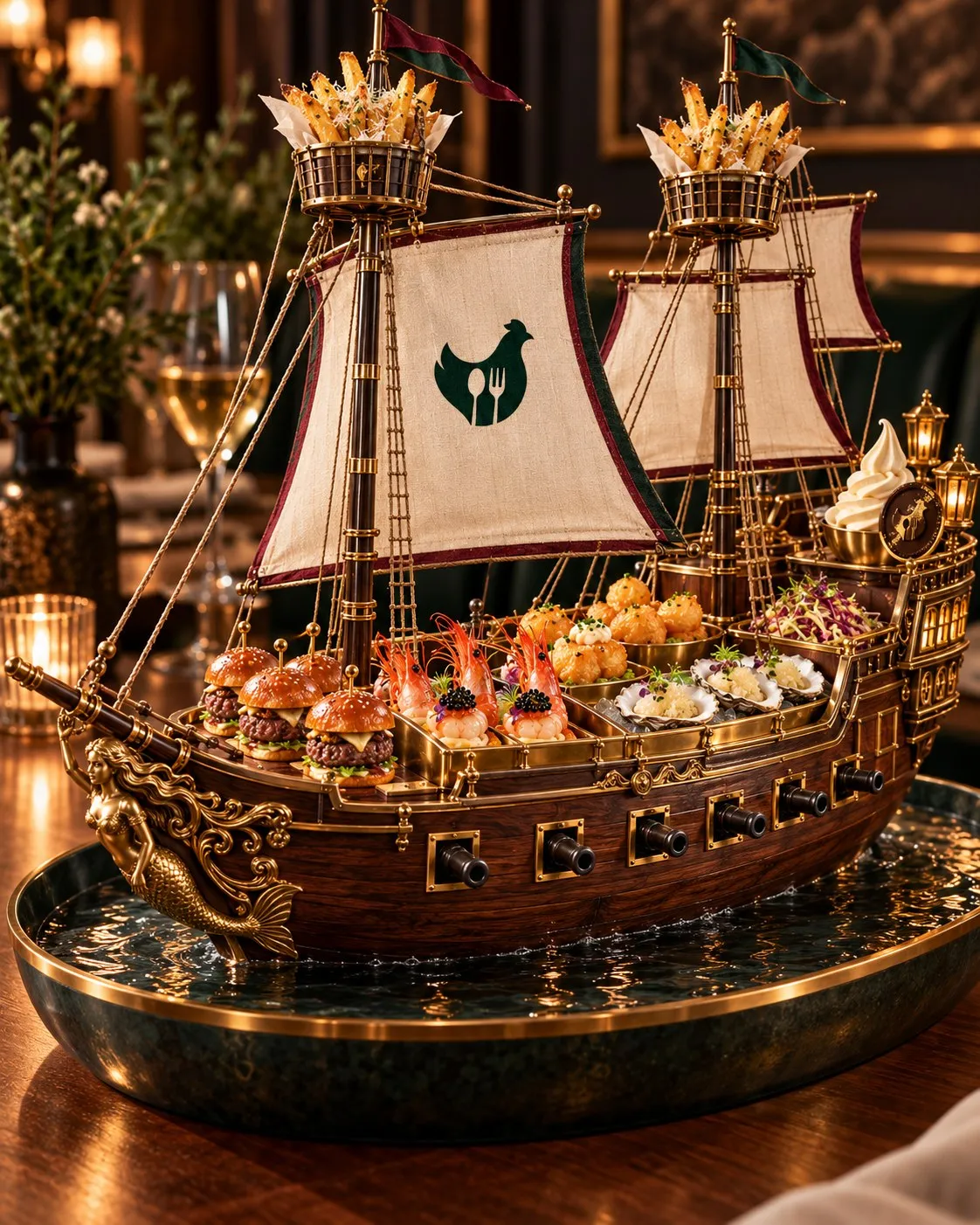 Concept art of the luxury Pirate Pak: a wooden galleon with brass fittings and a gilded mermaid figurehead, floating in a shallow marble tray of water, its decks loaded with sliders, prawns, oysters and fries, a soft-serve cone at the stern and a chocolate coin on the flag